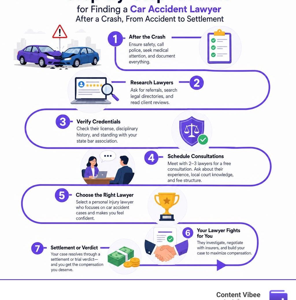 Step-by-step timeline for finding a car accident lawyer after a crash, from accident to settlement infographic