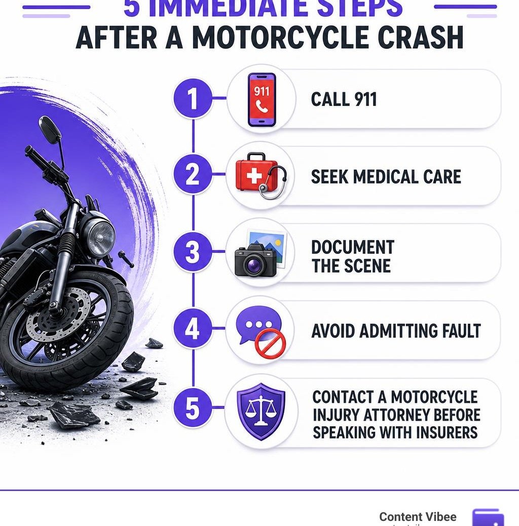 Infographic showing 5 immediate steps after a motorcycle crash: 1. Call 911, 2. Seek medical care, 3. Document the scene, 4.