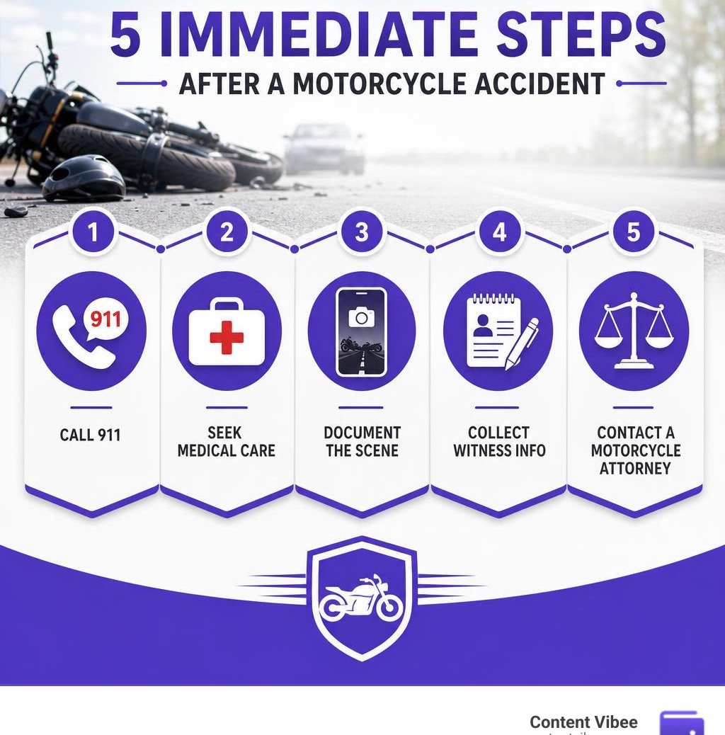 Infographic showing 5 immediate steps after a motorcycle accident: call 911, seek medical care, document the scene, collect