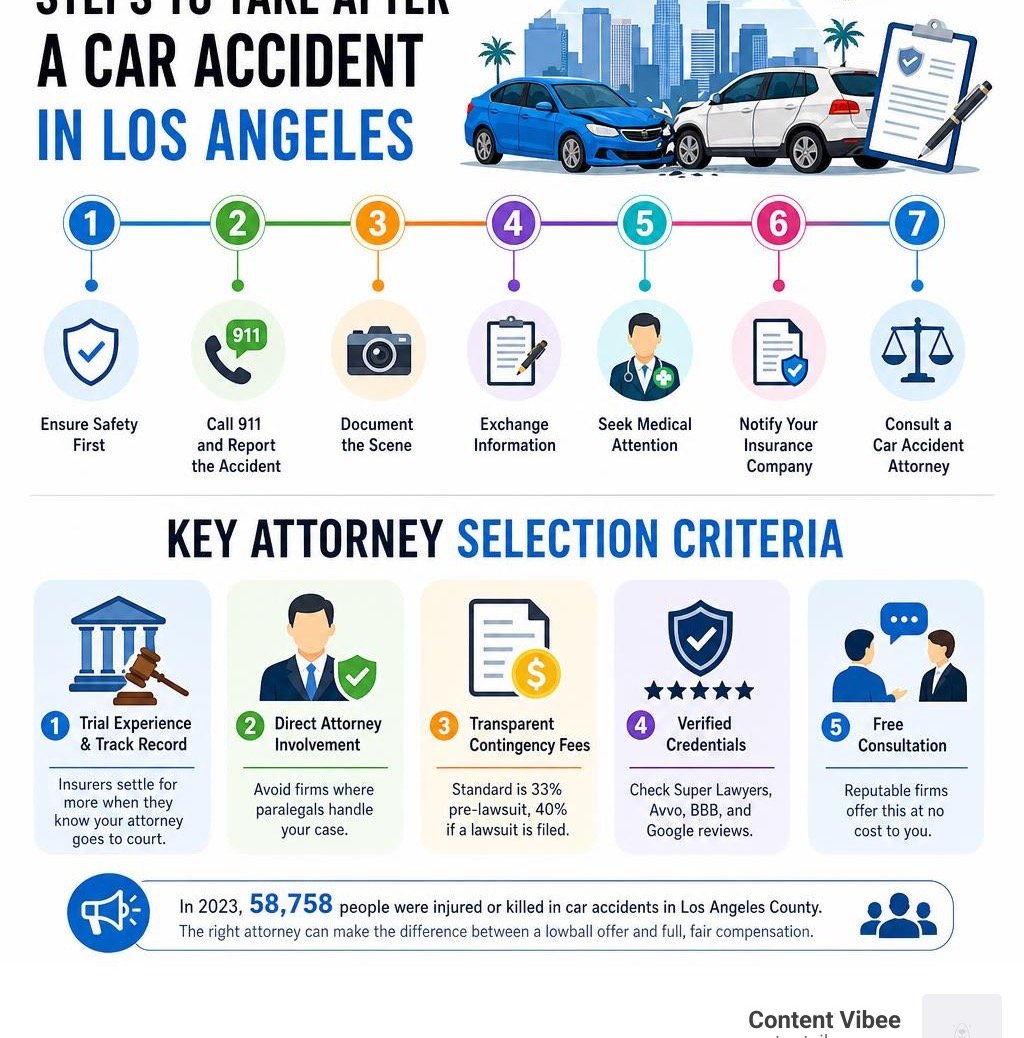 Steps to take after a car accident in Los Angeles and key attorney selection criteria infographic
