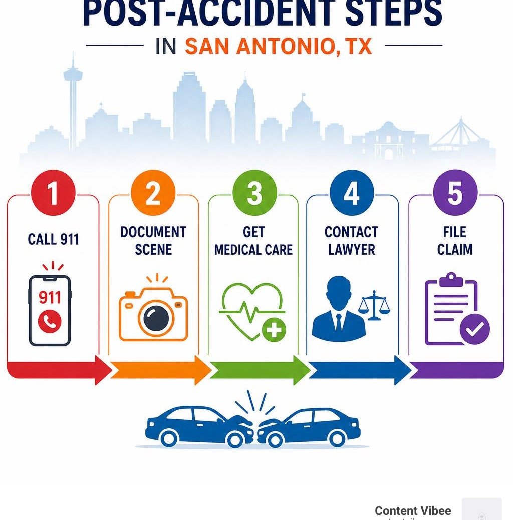 Post-accident steps in San Antonio TX: call 911, document scene, get medical care, contact lawyer, file claim infographic