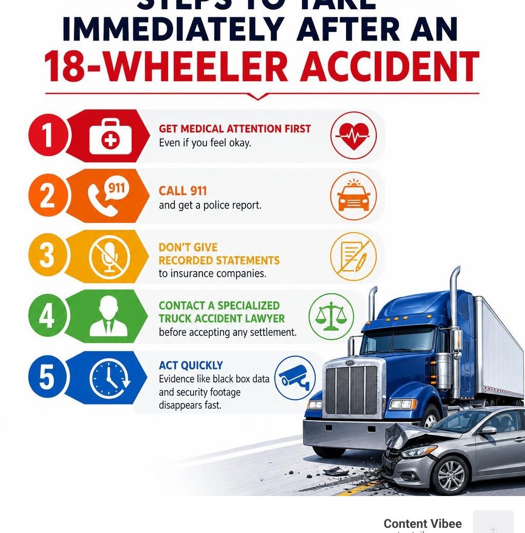 Steps to take immediately after an 18-wheeler accident infographic infographic