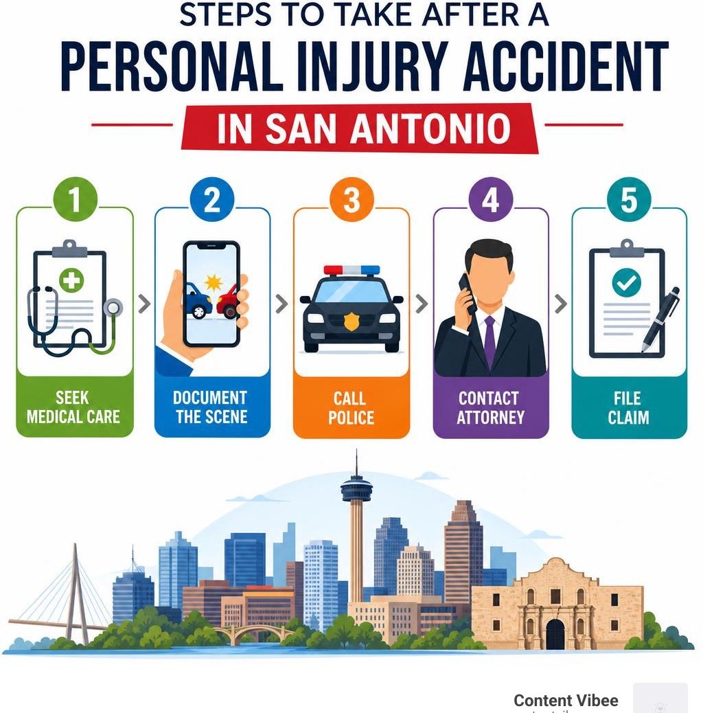 Steps to take after a personal injury accident in San Antonio: seek medical care, document scene, call police, contact