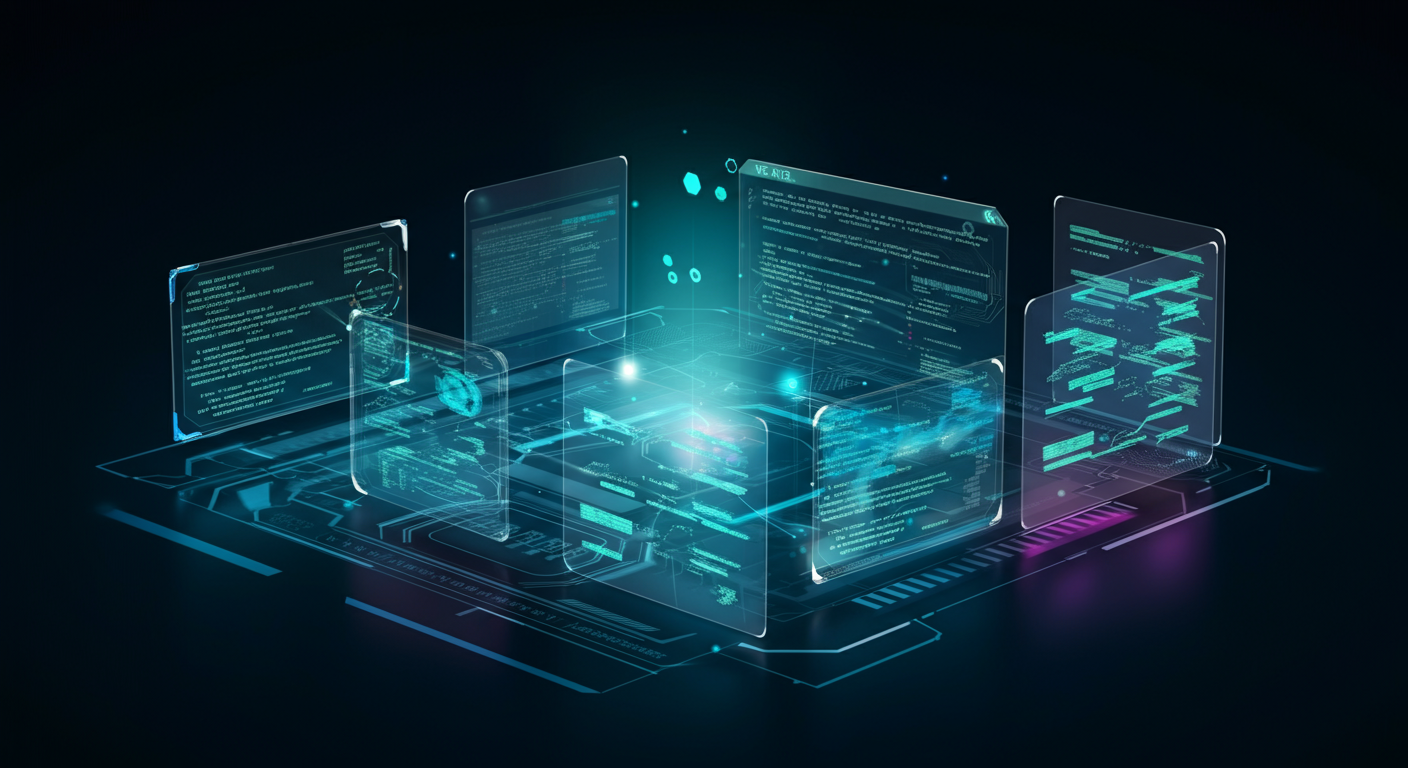 Futuristic visualization of multiple AI agents collaborating on a software project
